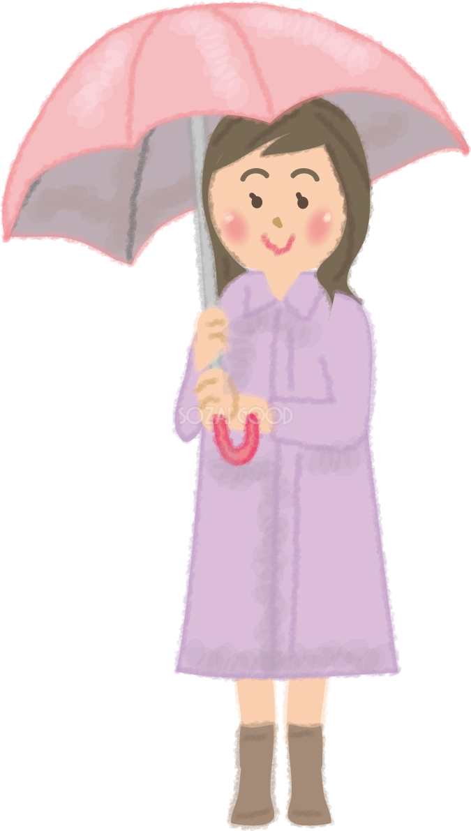 カッパ(レインコート)を着て傘をさす女性の無料イラスト/梅雨45848