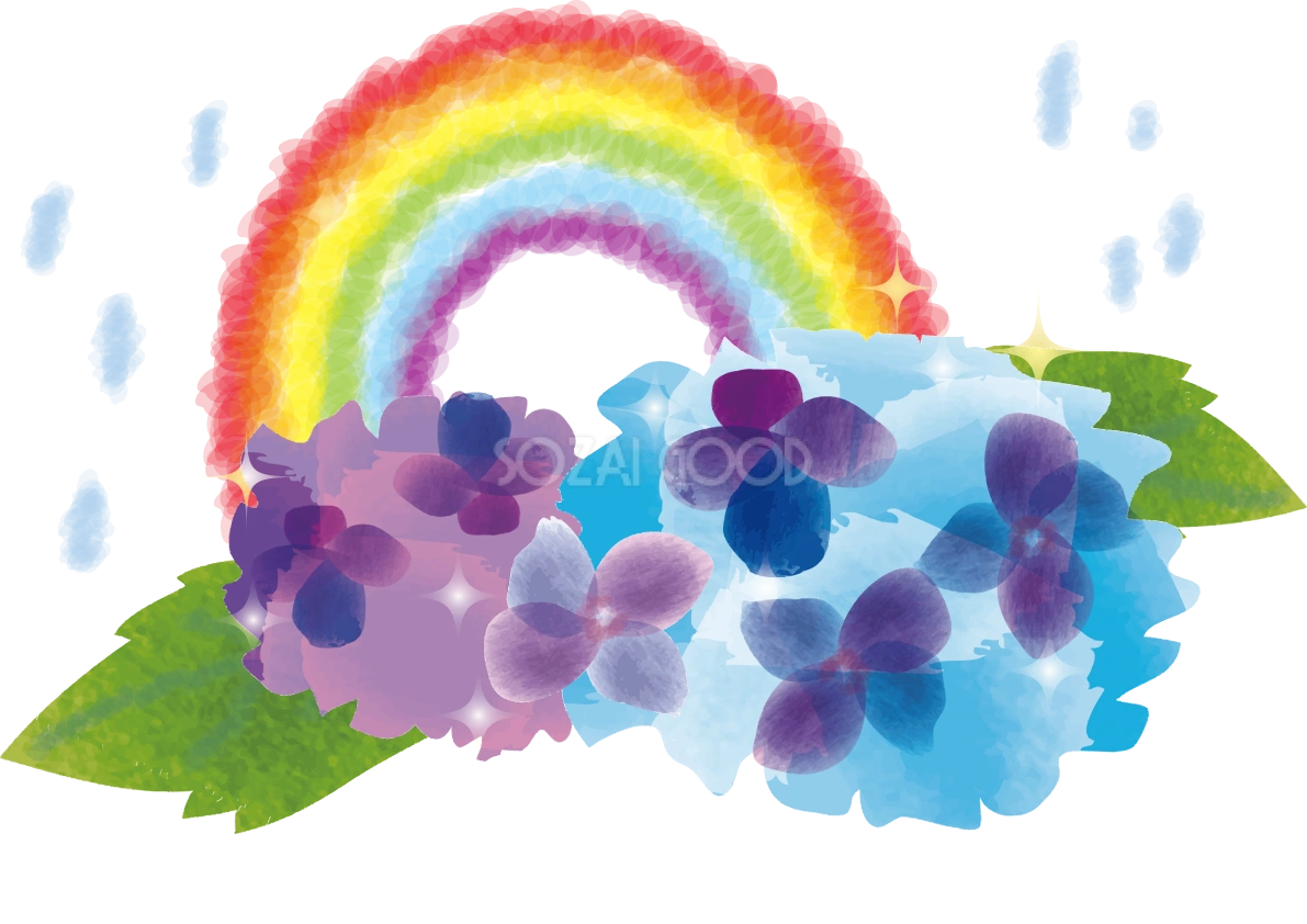 かわいい虹と紫陽花の無料イラスト／梅雨45892