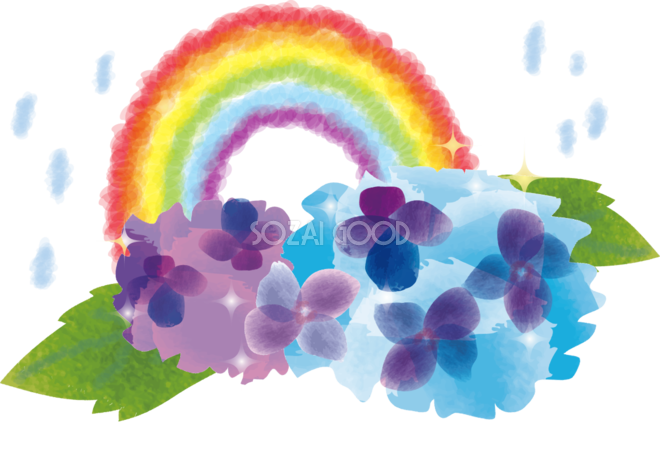 かわいい虹と紫陽花の無料イラスト 梅雨452 素材good