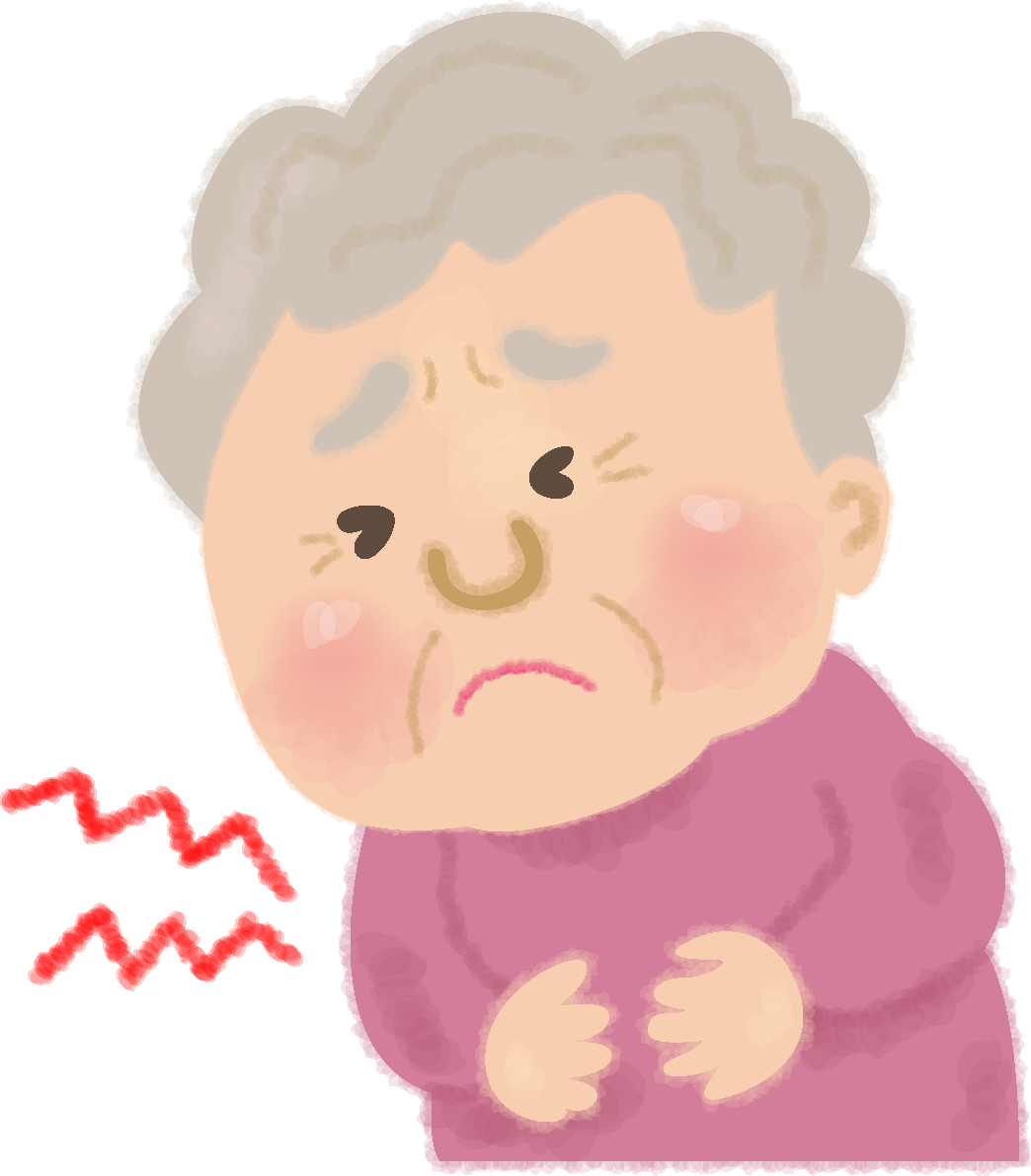 かわいい腹痛・食中毒のおばあさんの無料イラスト／医療／健康46176に写真・文字を入れる
