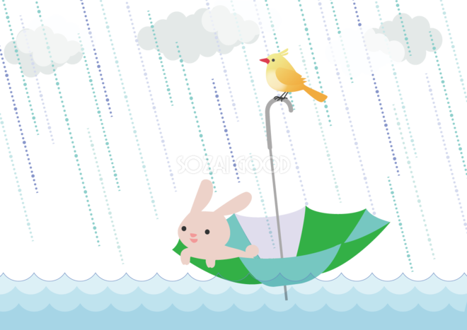 水面に浮く雨の中傘に乗るウサギと鳥の背景無料イラスト 梅雨 素材good