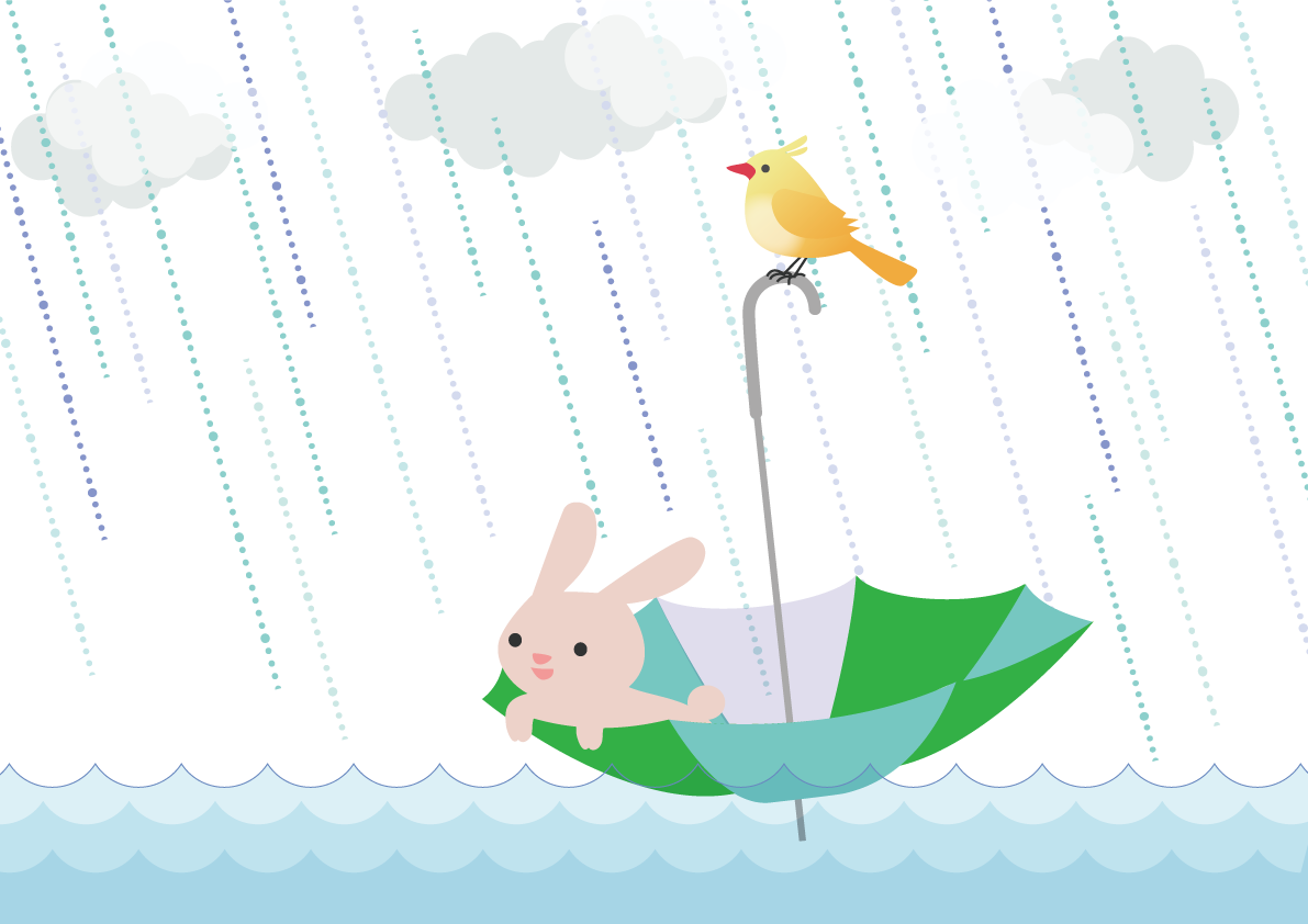 水面に浮く雨の中傘に乗るウサギと鳥の背景無料イラスト／梅雨46385に写真・文字を入れる