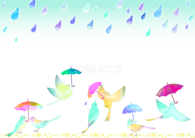 雨空に傘をさす小鳥達の綺麗な背景無料イラスト 梅雨46401 素材good