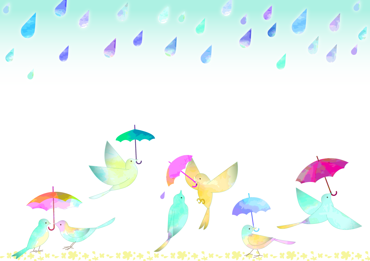 雨空に傘をさす小鳥達の綺麗な背景無料イラスト／梅雨46401に写真・文字を入れる