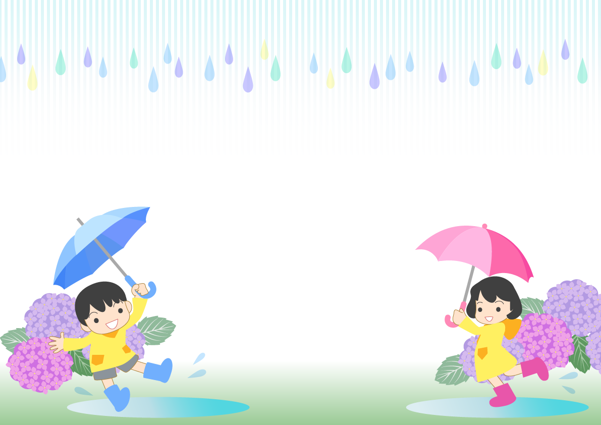 雨のなか傘をさす子供達と紫陽花の背景無料イラスト／梅雨46405に写真・文字を入れる