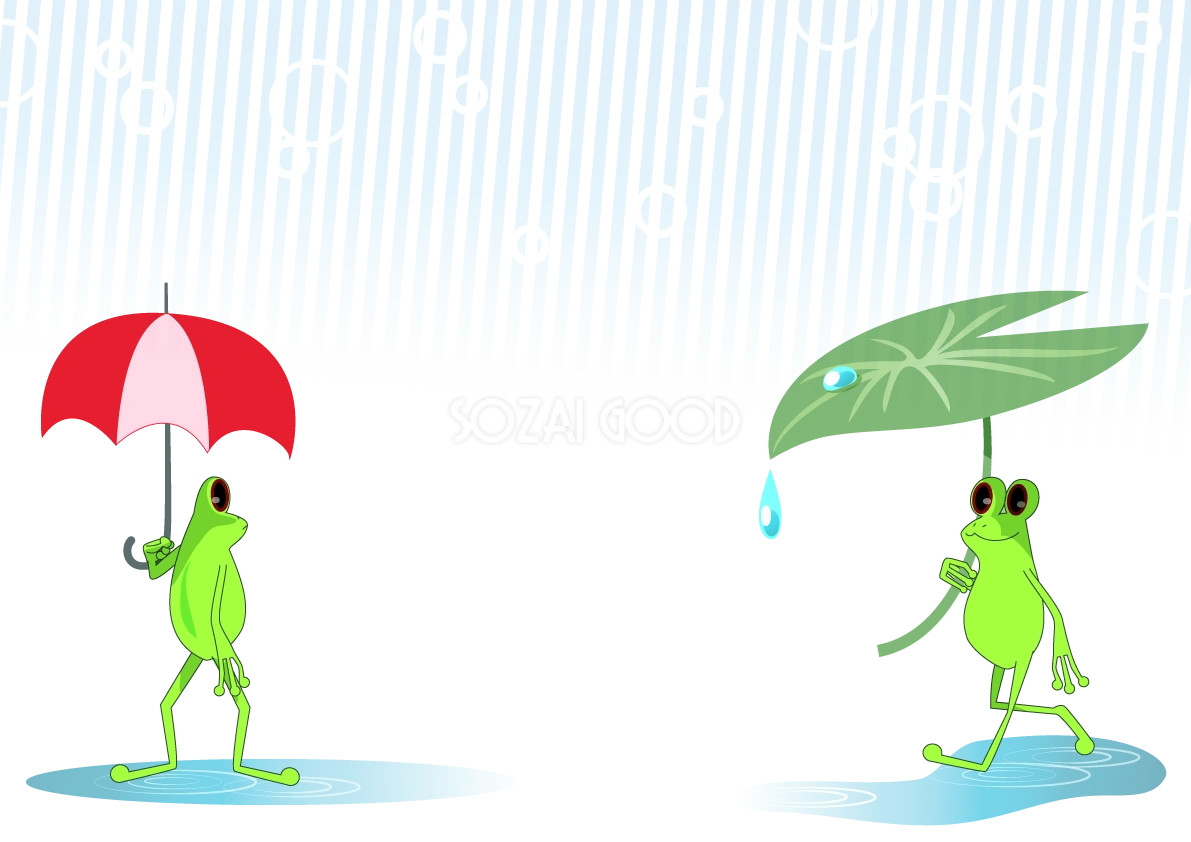 傘をさすカエルのおしゃれかわいい背景無料イラスト/梅雨46409