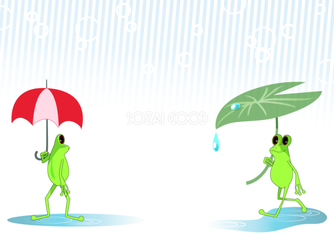 傘をさすカエルのおしゃれかわいい背景無料イラスト 梅雨46409 素材good