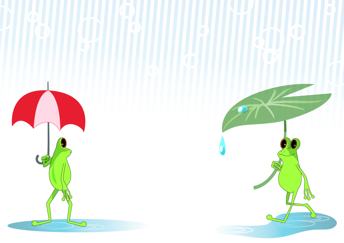 傘をさすカエルのおしゃれかわいい背景無料イラスト／梅雨46409に写真・文字を入れる