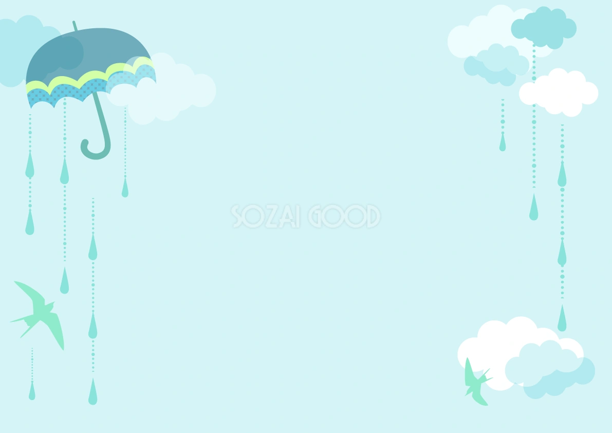 綺麗な雨と傘の雲空に羽ばたく鳥のシンプルな背景無料イラスト/梅雨46417