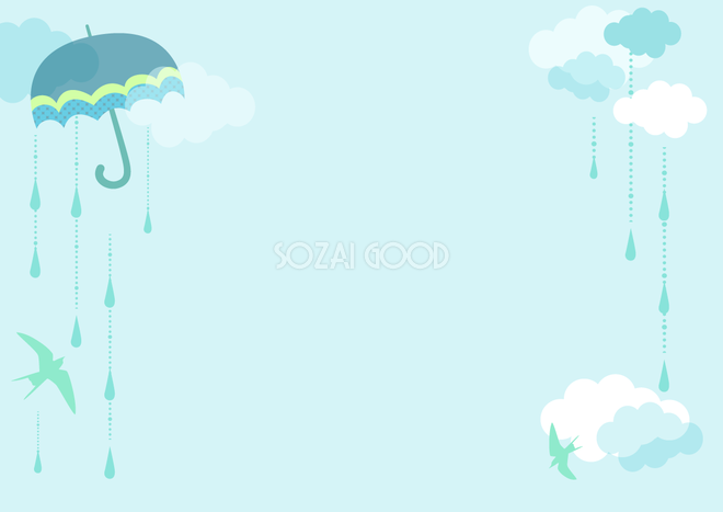 綺麗な雨と傘の雲空に羽ばたく鳥のシンプルな背景無料イラスト 梅雨 素材good
