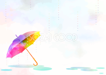 レインボー傘の綺麗な水彩画シンプル背景無料イラスト／梅雨46441