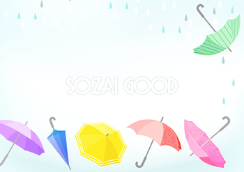 雨とカラフルな傘の背景無料イラスト／梅雨46461