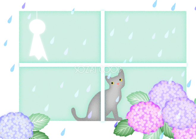 雨降る窓際てるてる坊主と紫陽花を眺める猫の背景無料イラスト 梅雨 素材good