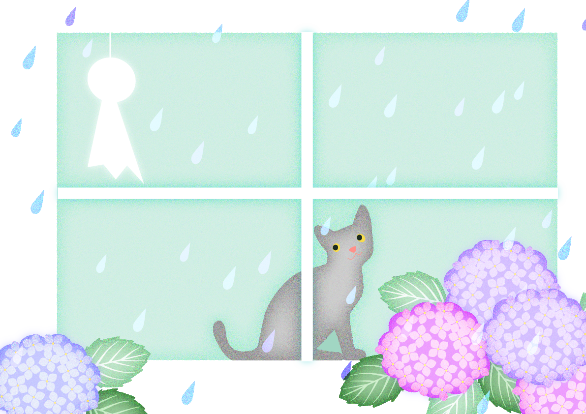 雨降る窓際てるてる坊主と紫陽花を眺める猫の背景無料イラスト／梅雨46469に写真・文字を入れる