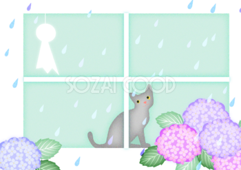 雨降る窓際てるてる坊主と紫陽花を眺める猫の背景無料イラスト／梅雨46469