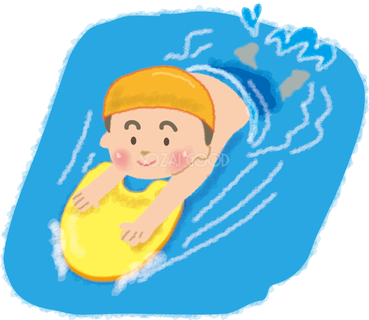 ビート板で泳ぐかわいい男の子の無料イラスト/海プール46585