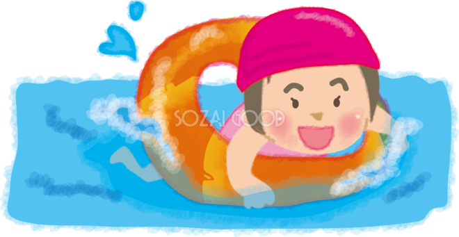 浮き輪で泳ぐかわいい女の子の無料イラスト 海プール46621 素材good