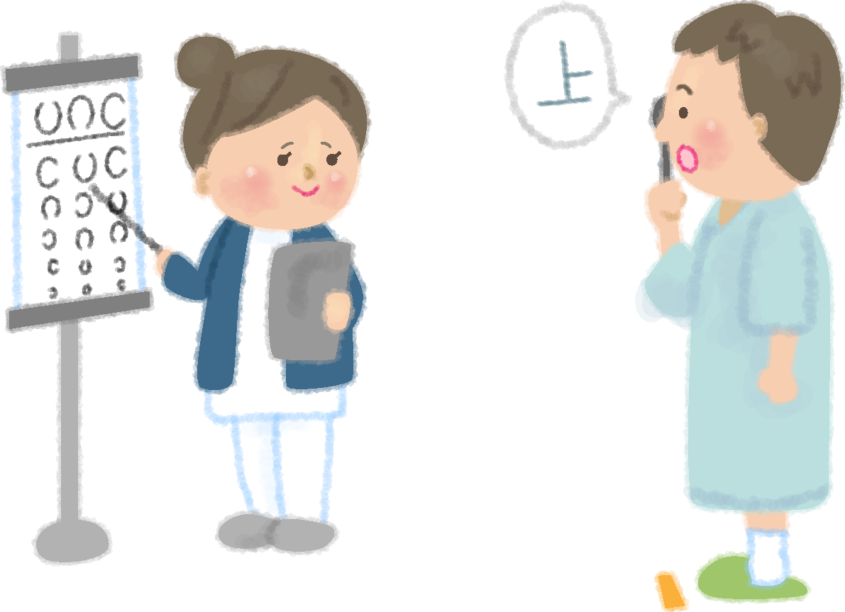 視力検査で看護師が指示棒で指し答える男性の無料イラスト／健康46693に写真・文字を入れる