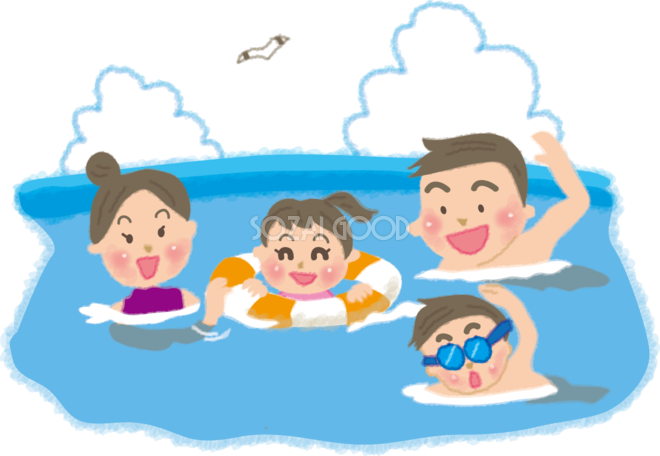 積乱雲 入道雲 を背景に海で水泳をするかわいい家族の無料イラスト 素材good