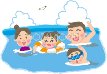 積乱雲(入道雲)を背景に海で水泳をするかわいい家族の無料イラスト46814