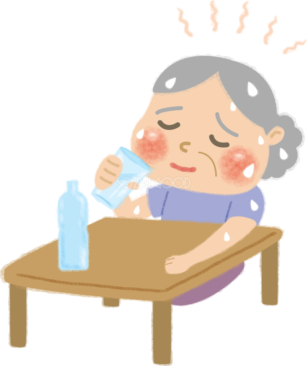 熱中症(室内)の高齢者(お婆さん)水分補給の無料イラスト／医療／夏46914