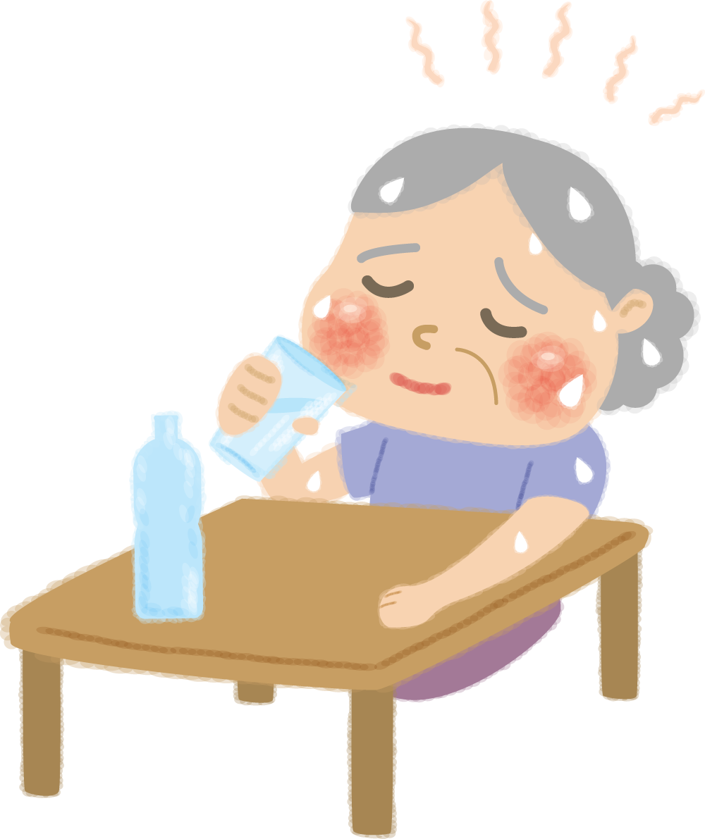 熱中症(室内)の高齢者(お婆さん)水分補給の無料イラスト／医療／夏46914に写真・文字を入れる