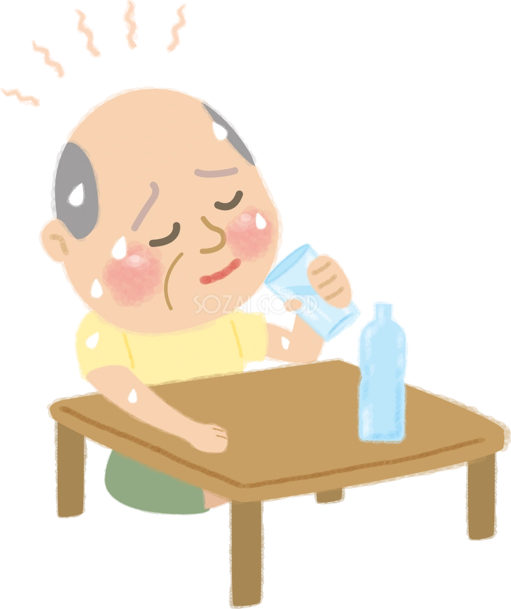 熱中症(室内)の高齢者(お爺さん)水分補給の無料イラスト/医療/夏46918