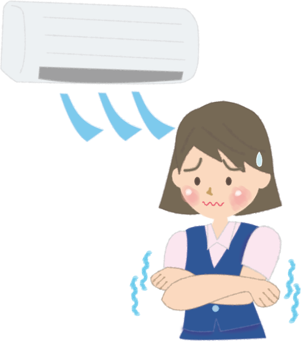 エアコン節電(エコ) 設定温度が低く寒そうな女性会社員の無料イラスト／夏46957に写真・文字を入れる