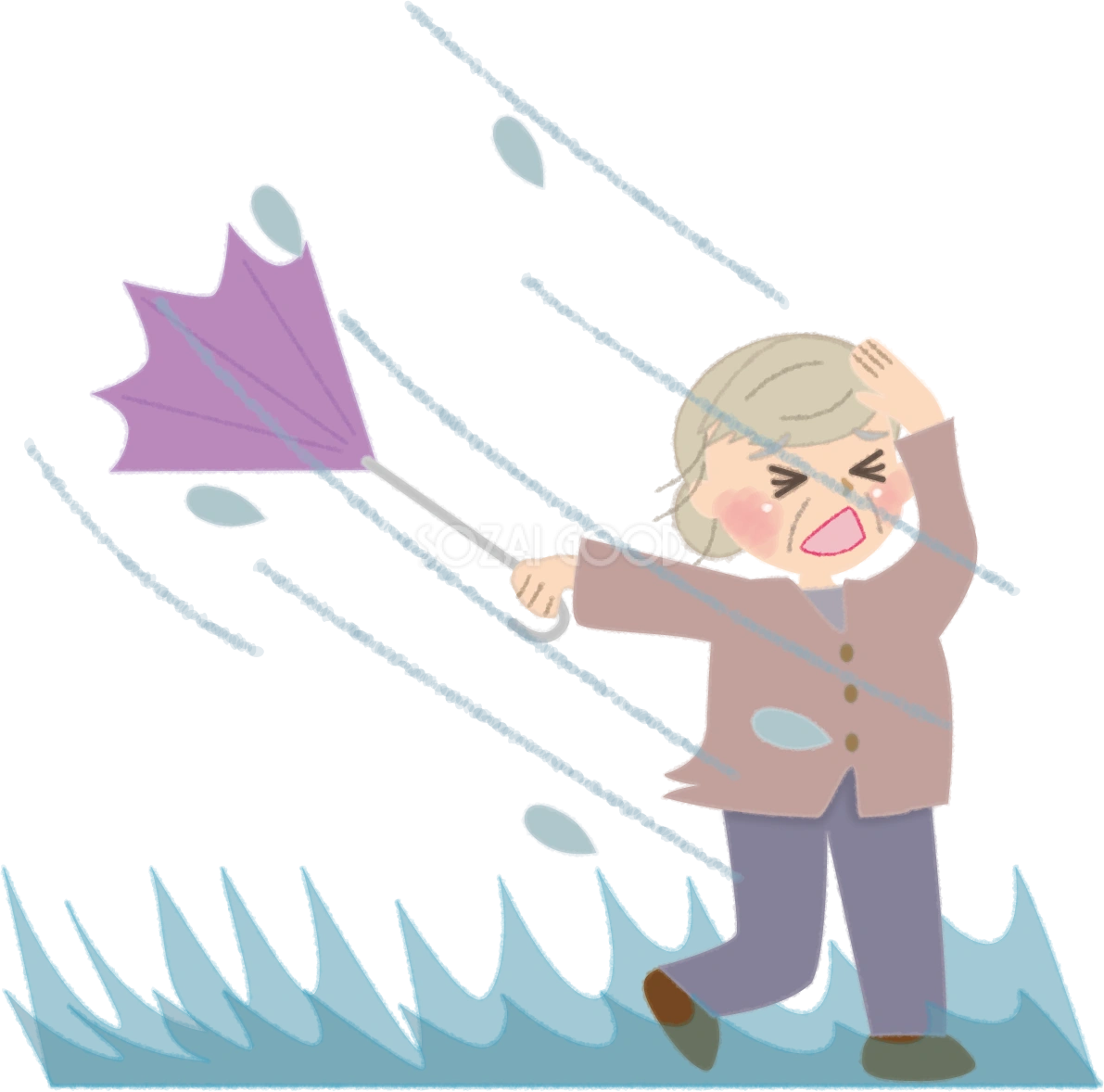 台風の暴風で飛ばされそうなかわいいお婆さんの無料イラスト／夏46997