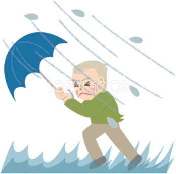 台風の暴風で飛ばされそうなお爺さんのかわいい無料イラスト／夏47001