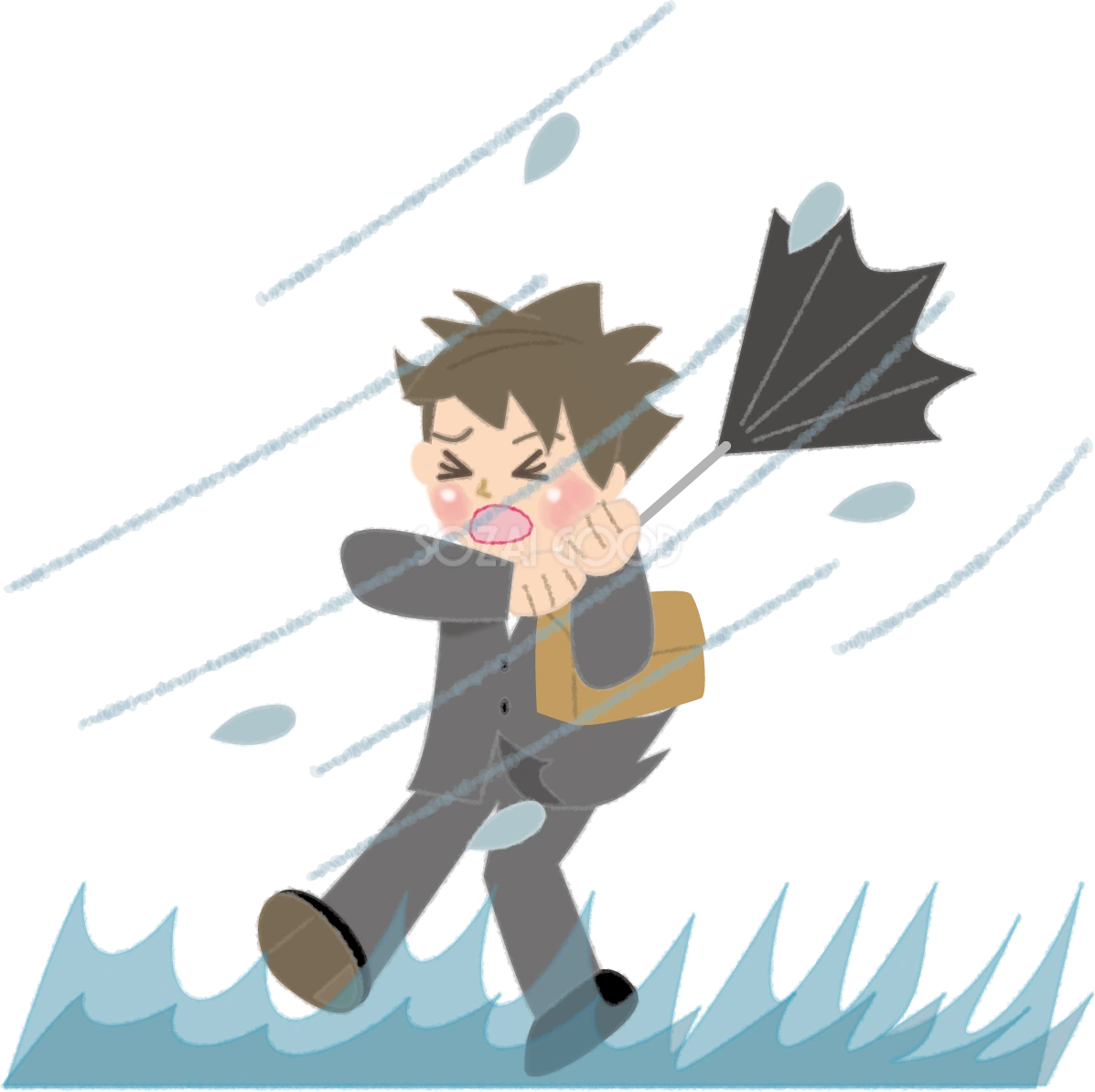 台風の暴風で飛ばされそうなかわいいサラリーマン男性の無料イラスト／夏47005