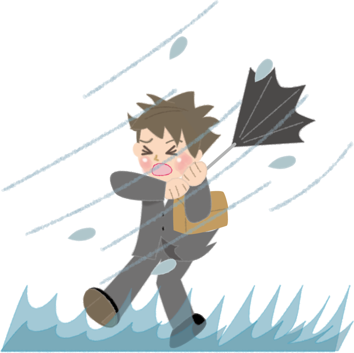 台風の暴風で飛ばされそうなかわいいサラリーマン男性の無料イラスト／夏47005に写真・文字を入れる