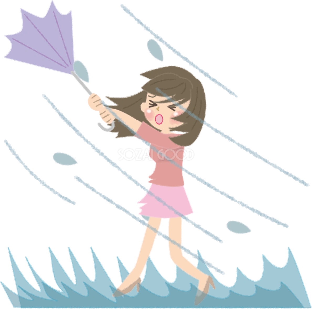 台風の暴風で飛ばされそうなかわいい女性の無料イラスト/夏47009