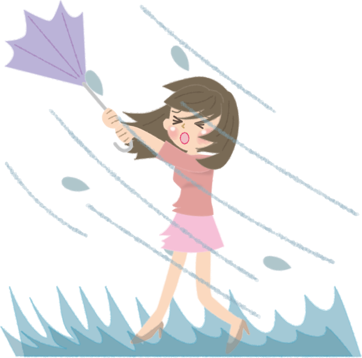 台風の暴風で飛ばされそうなかわいい女性の無料イラスト／夏47009に写真・文字を入れる