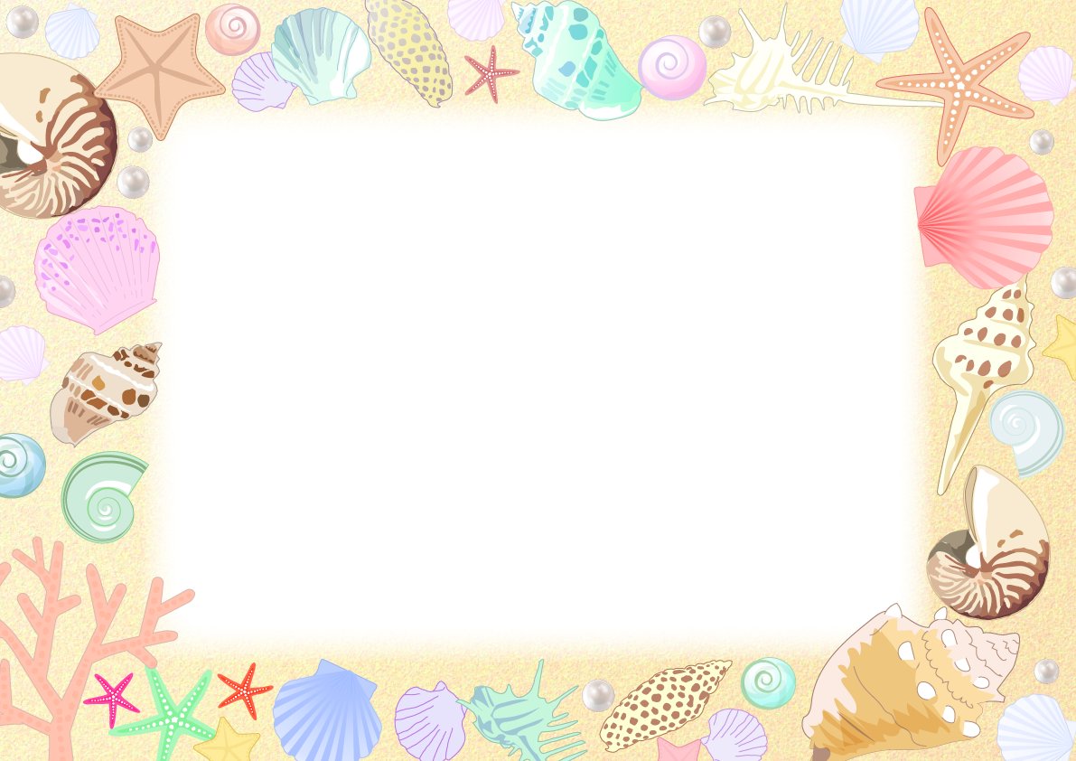 砂浜と貝殻のおしゃれフレーム枠の無料イラスト／海47042に写真・文字を入れる