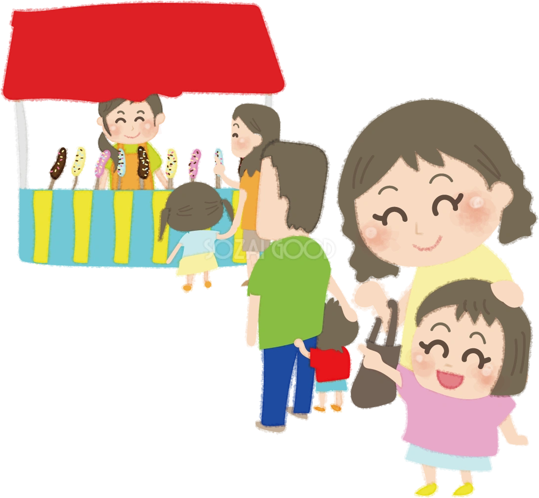 屋台の行列に並ぶ親子の無料イラスト／お祭り47222