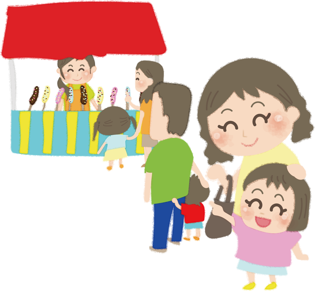 屋台の行列に並ぶ親子の無料イラスト／お祭り47222に写真・文字を入れる