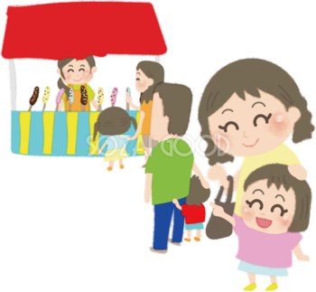 屋台の行列に並ぶ親子の無料イラスト／お祭り47222