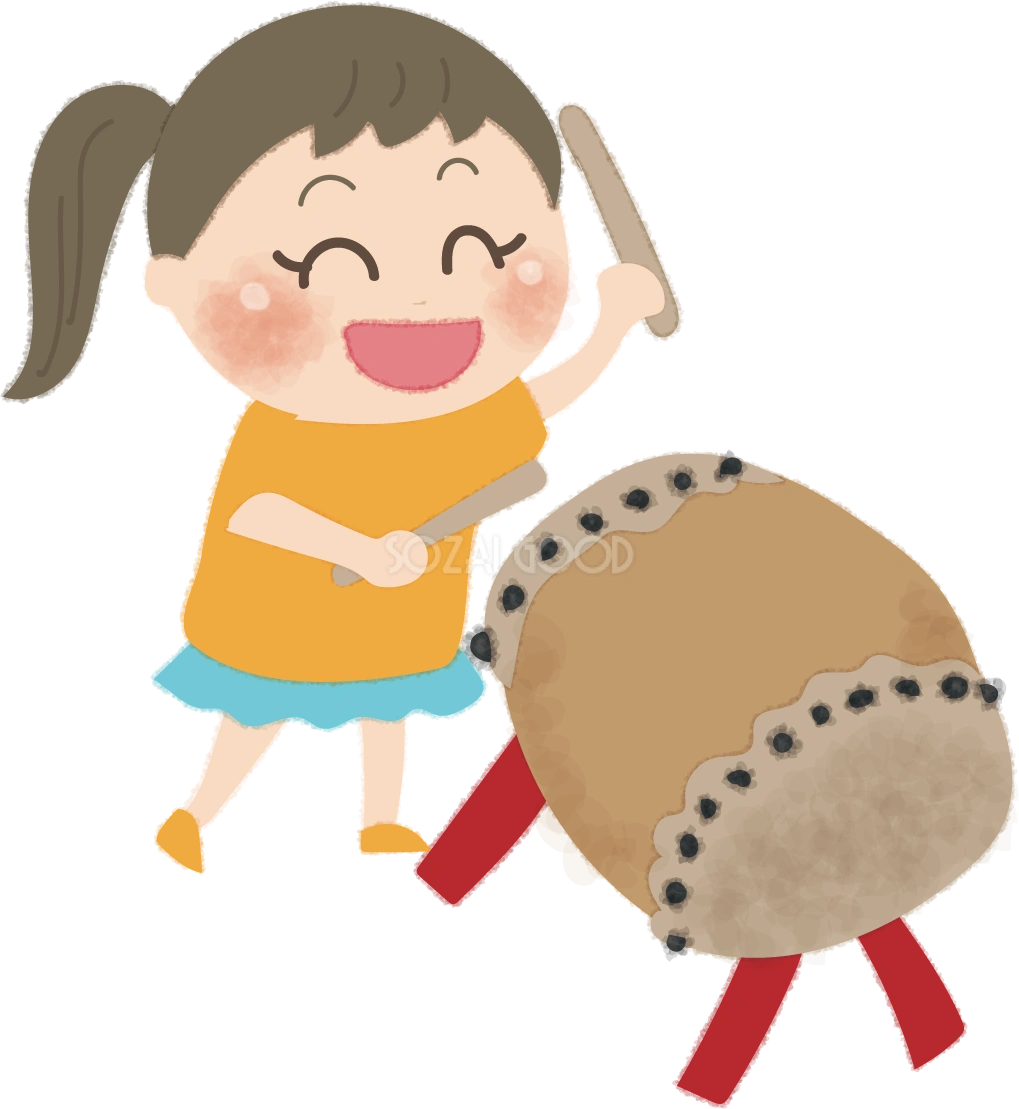 太鼓をたたく女の子の無料イラスト／お祭り47292