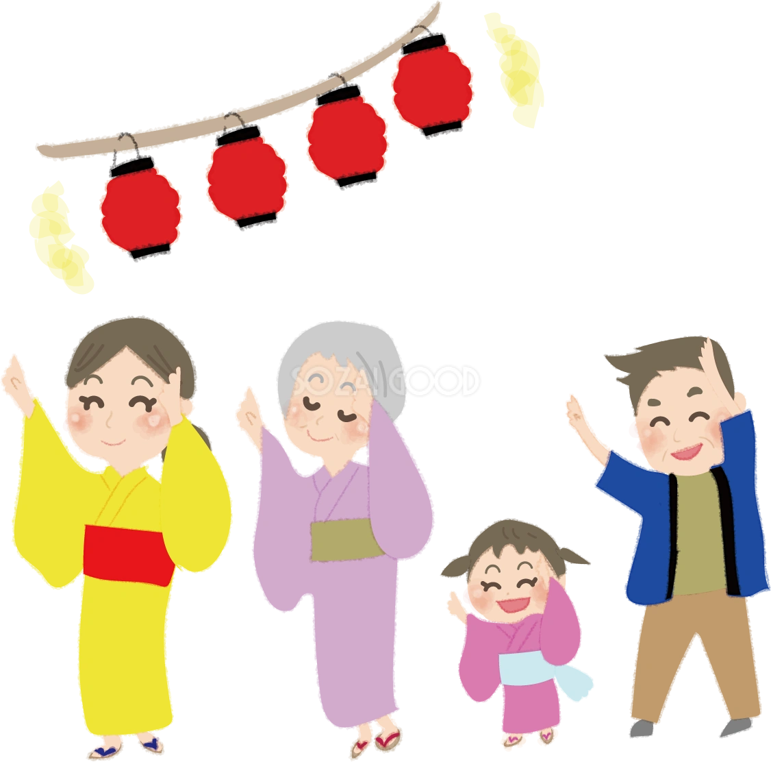 かわいい盆踊りをする人たちの無料イラスト／お祭り47312