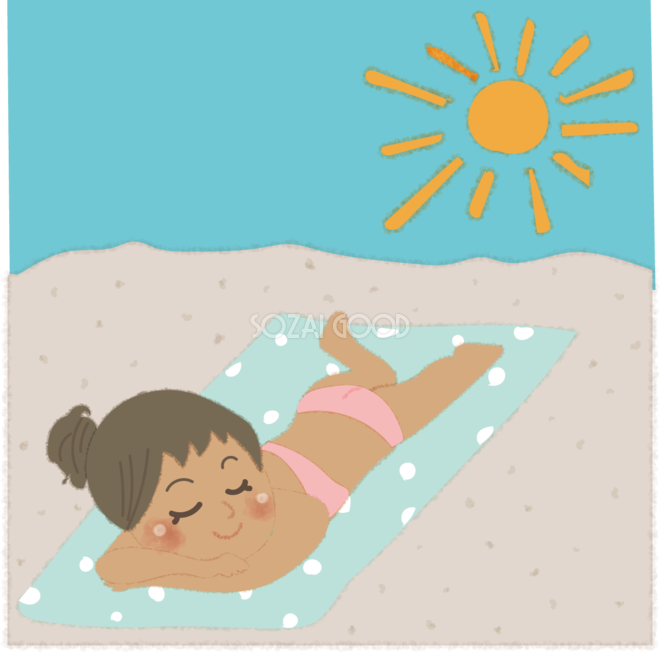 ビーチで日焼けするかわいい女性の無料イラスト 海 プール 素材good