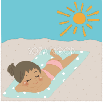 ビーチで日焼けするかわいい女性の無料イラスト／海 プール47961