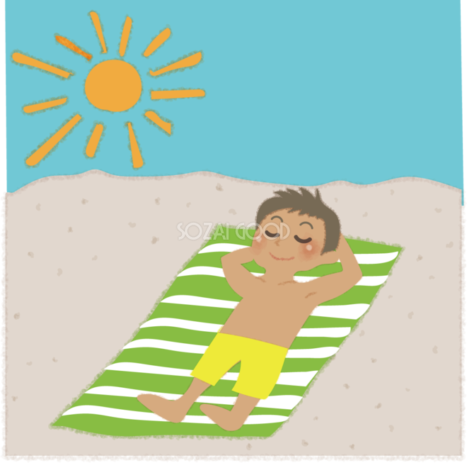 ビーチで日焼けするかわいい男性の無料イラスト 海 プール 素材good