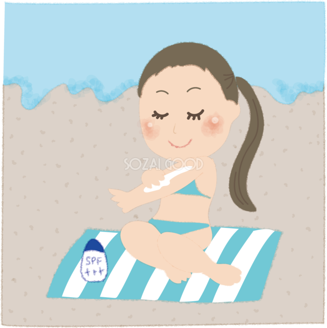 ビーチで日焼け止めを塗るかわいい女性の無料イラスト 海47969 素材good