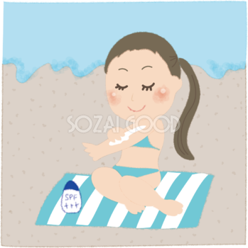 ビーチで日焼け止めを塗るかわいい女性の無料イラスト／海47969