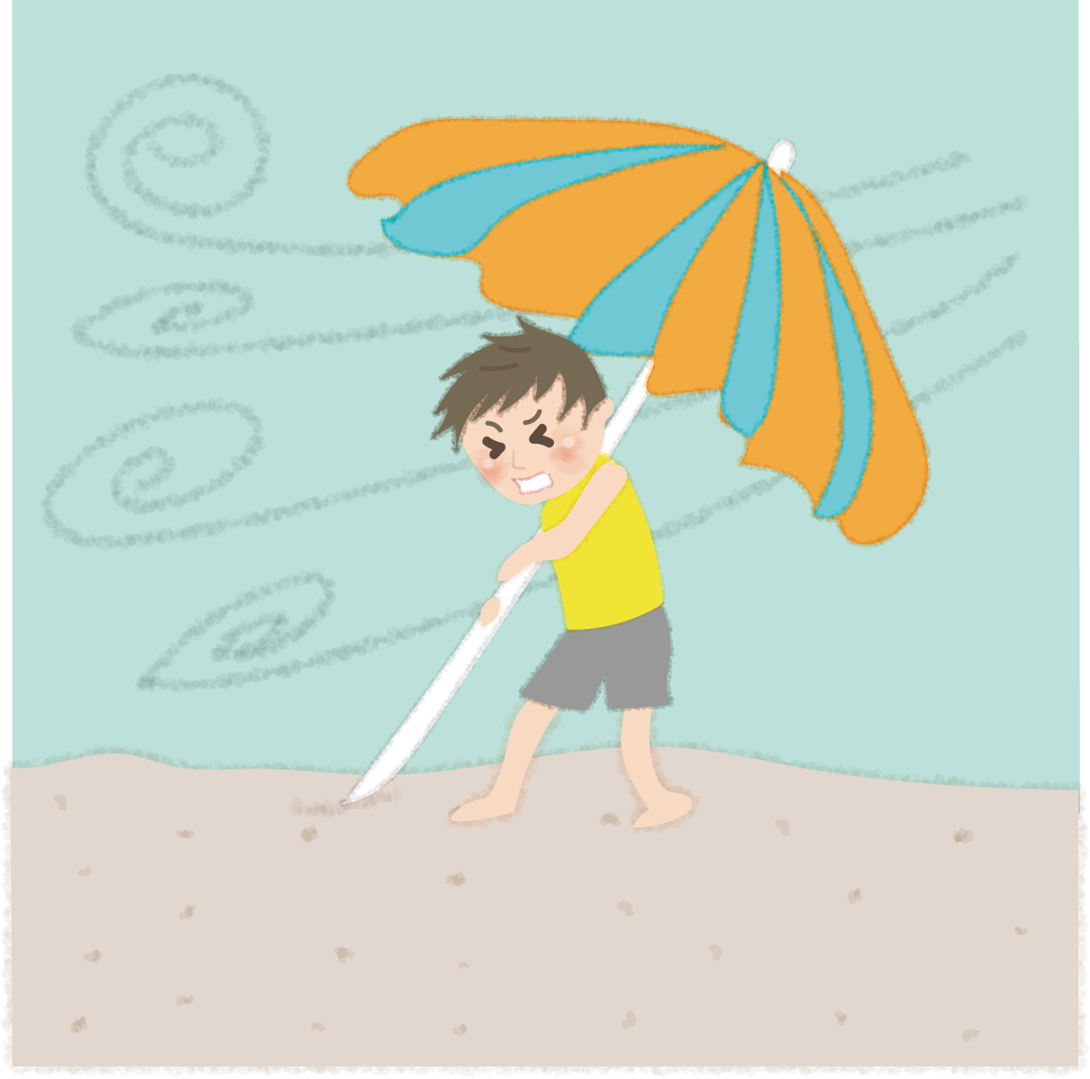 夏の海ビーチで風でパラソルが飛ぶのを防ぐ男性のかわいい無料イラスト47973に写真・文字を入れる