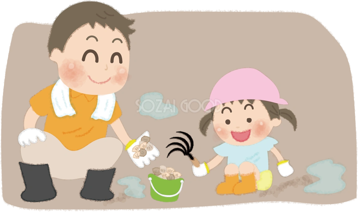 潮干狩りをするお父さんと女の子の無料イラスト/海48002