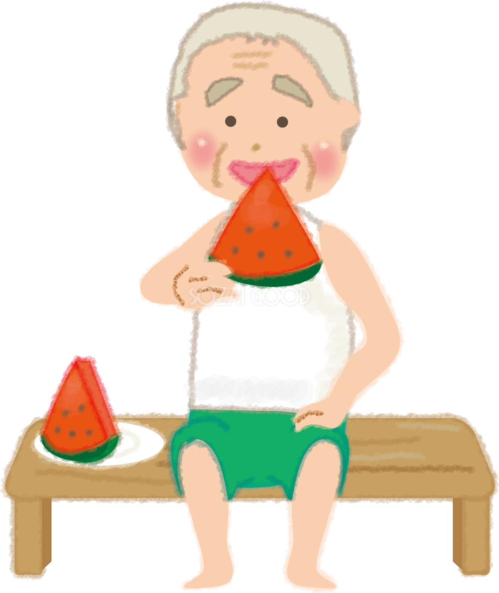 スイカを食べるお爺さんのかわいい無料イラスト/夏休み49116