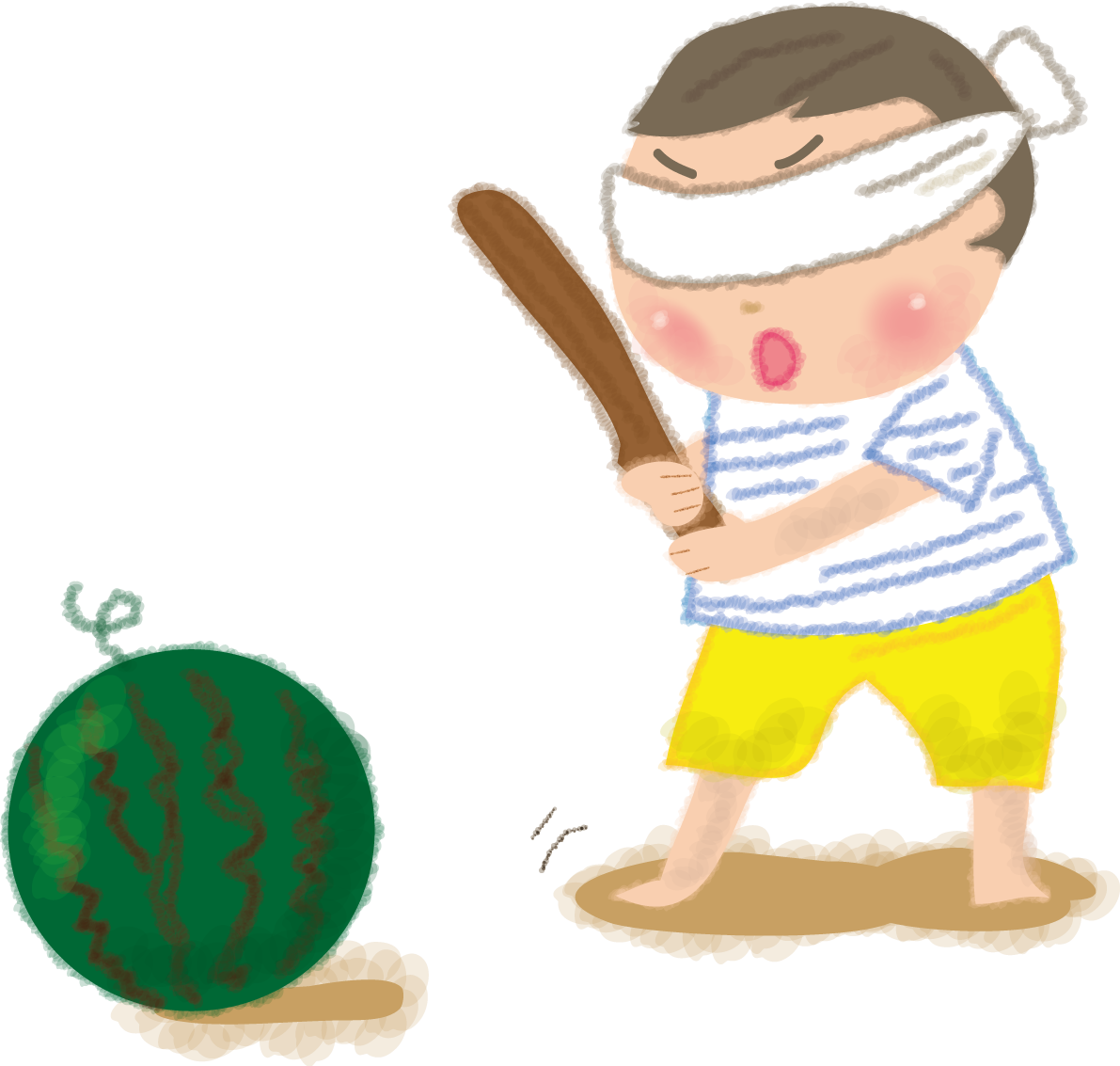 スイカ割りをする男の子のかわいい無料イラスト／夏休み49152に写真・文字を入れる