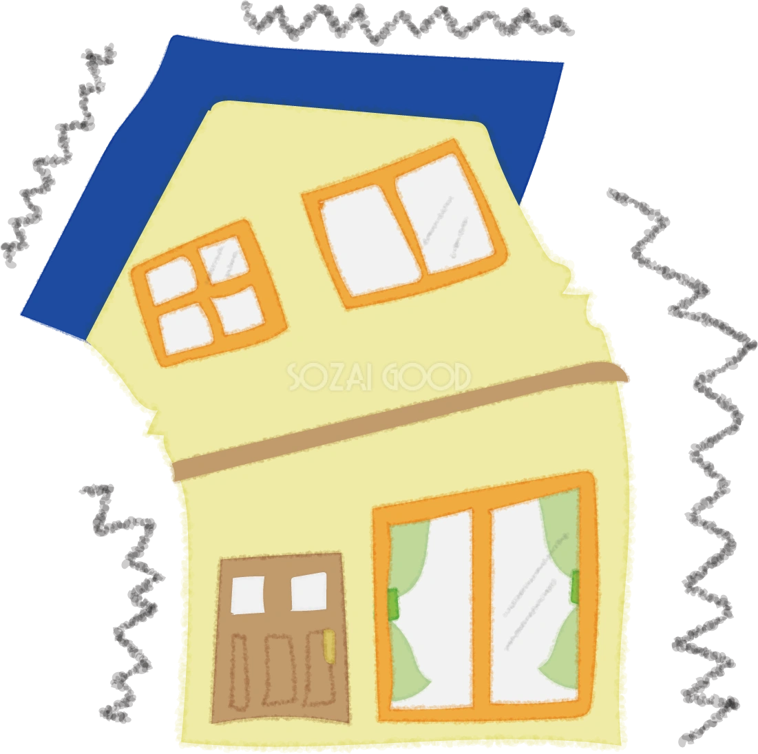 地震で2階建の家が揺れ倒壊しそうな無料イラスト/防災 災害49200